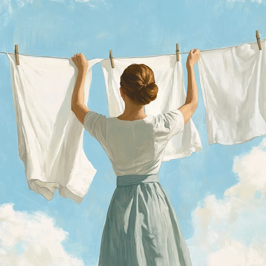 A woman in a light teal dress hangs freshly laundered white sheets on a clothesline against a vibrant blue sky dotted with fluffy white clouds.  Her back is to the viewer, and she uses wooden clothespins to secure the linens. The scene evokes a sense of peace and domesticity, reminiscent of simpler times.