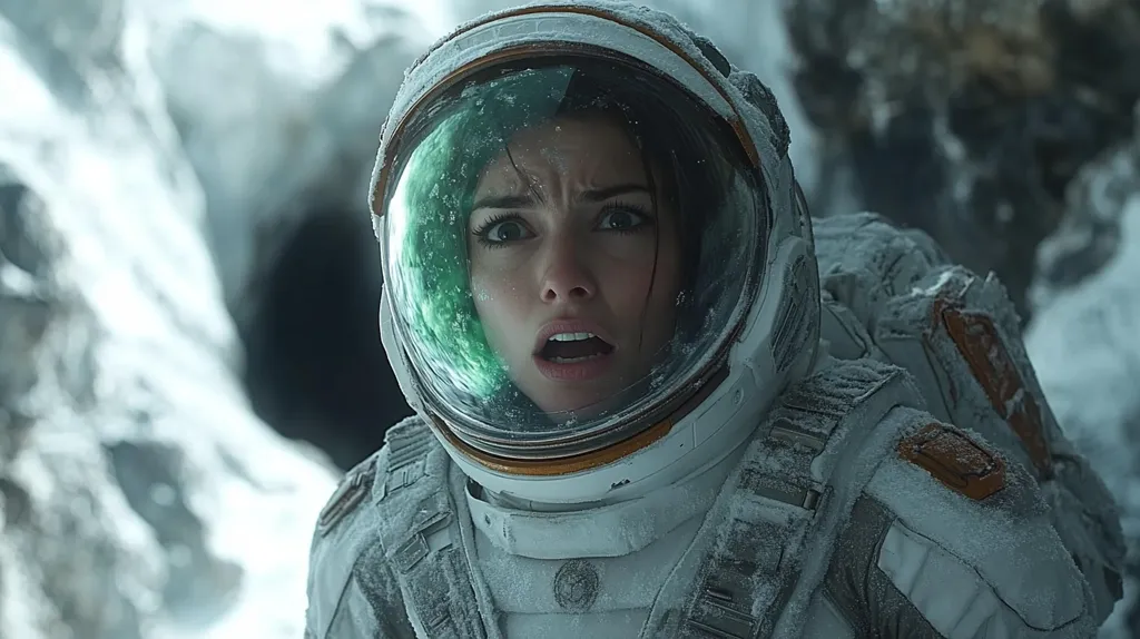 A close-up shot of a female astronaut, her face visible through a frosted helmet, reveals a look of shock and fear.  The astronaut's suit is covered in a layer of snow or ice, suggesting a harsh, cold environment.  The background is blurred, showing a dark opening in a snowy, icy landscape. The overall mood is one of suspense and danger.
