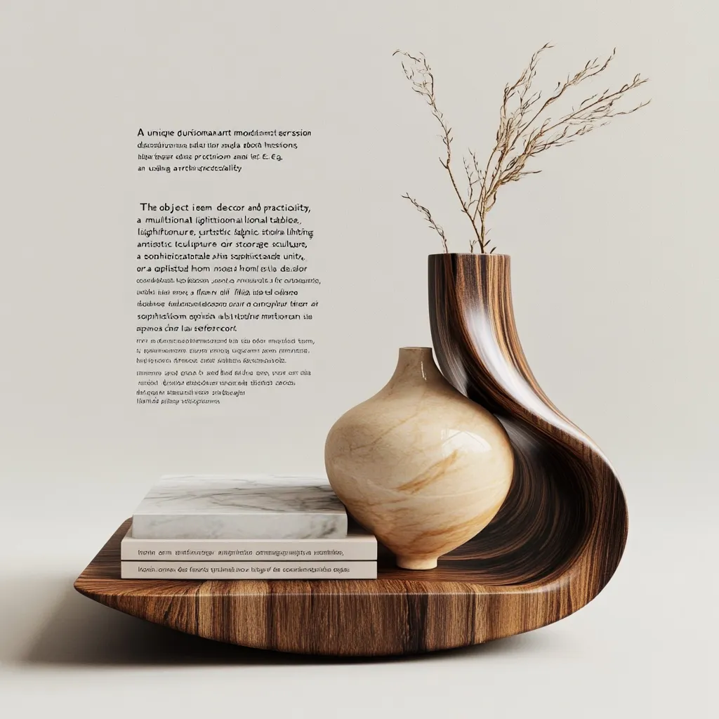 A unique, multi-functional wooden table combines decor and practicality.  It features artistic sculpture, integrated lighting, and storage. The design is sophisticated and combines organic forms with a modern aesthetic.  The piece is shown styled with minimalist decor, including vases and books, showcasing its versatility as a display and storage unit.