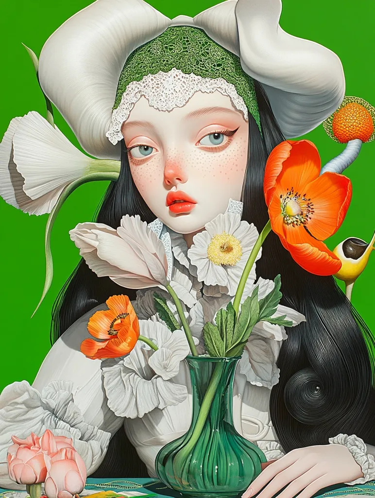 A hyperrealistic painting depicts a young woman with long black hair, adorned with a large white hat and green lace headpiece.  She is delicately positioned with a bouquet of vibrant orange and white poppies and other flowers in a dark green vase resting on a table.  The backdrop is a solid, bright green. The style is reminiscent of classical portraiture with a modern, surreal twist.