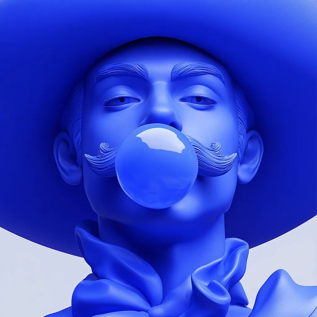 A monochromatic blue bust of a man, possibly a cowboy, is depicted. He sports a wide-brimmed hat and a meticulously sculpted mustache.  The striking feature is a large, perfectly spherical blue bubble emanating from his mouth, mirroring the overall blue tone of the sculpture. The smooth, almost surreal texture adds to the image's artistic impact.