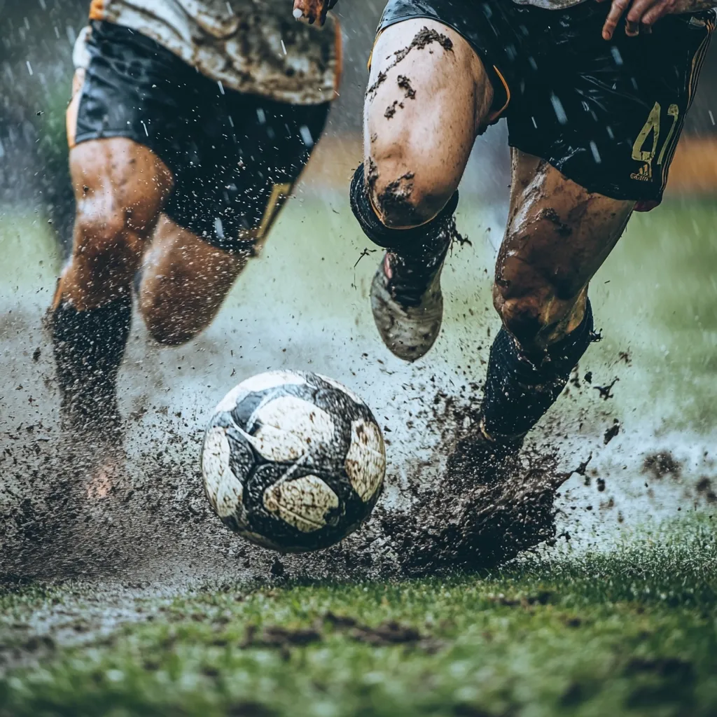 Two muddy soccer players, their legs covered in dirt and water spray, fiercely compete for a wet soccer ball during a rainy match.  The intense close-up captures the dynamism of the game, emphasizing the players' effort and the challenging conditions.  Mud splatters everywhere, showcasing the physicality of the sport.