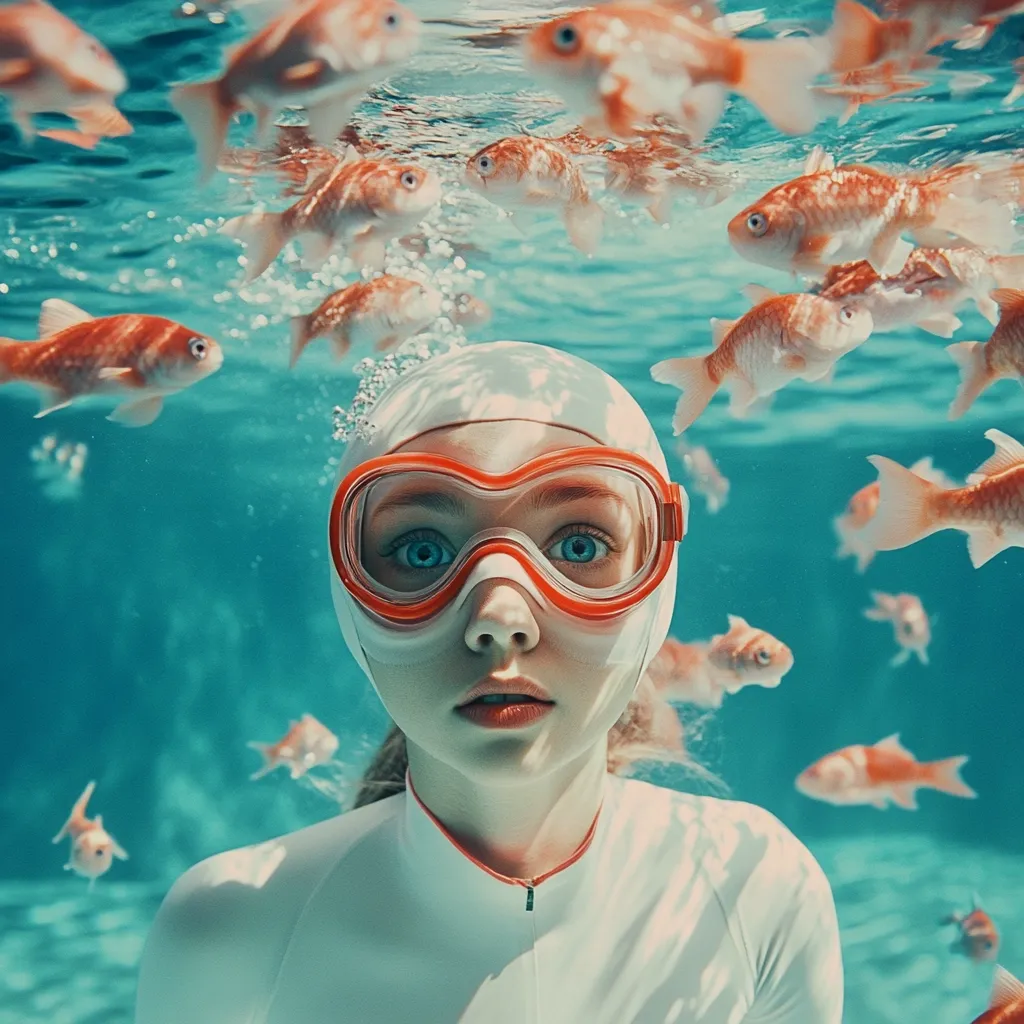 A young girl, wearing a white swim cap and bright orange goggles, is submerged in turquoise water surrounded by numerous goldfish.  The scene is serene, with the girl's expression conveying a mixture of wonder and slight apprehension.  The image has a dreamlike quality, enhanced by the soft lighting and the multitude of fish swimming around her.
