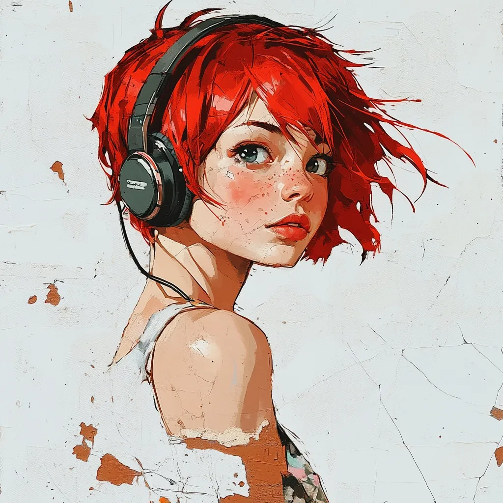 A stylized portrait of a young woman with vibrant red hair and freckles.  She wears over-ear headphones and a sleeveless top, her gaze directed over her shoulder. The art style is reminiscent of digital painting, with a textured background suggesting a worn wall. The overall mood is one of calm contemplation and youthful energy.