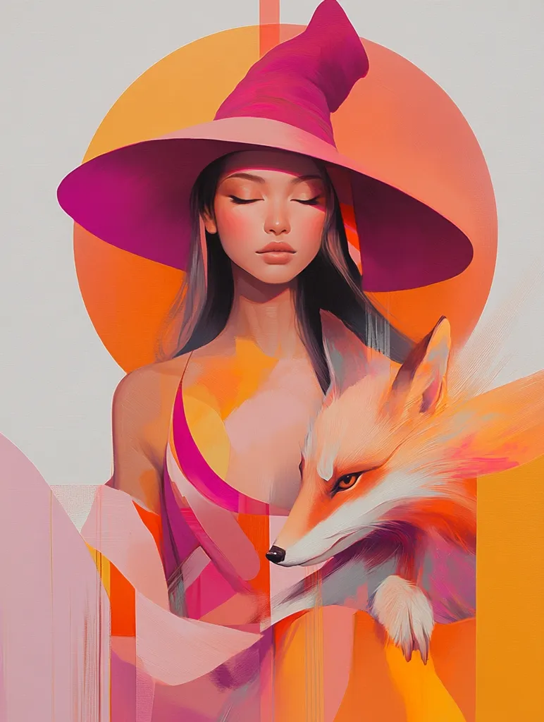 A stylized portrait of a serene woman wearing a large pink witch's hat.  She is depicted with closed eyes, her skin a soft peach tone. A vibrant orange fox rests gently beside her. The artwork is characterized by bold, abstract shapes and warm, contrasting colors of pink and orange, creating a dreamlike atmosphere.  The style is contemporary and digitally rendered.