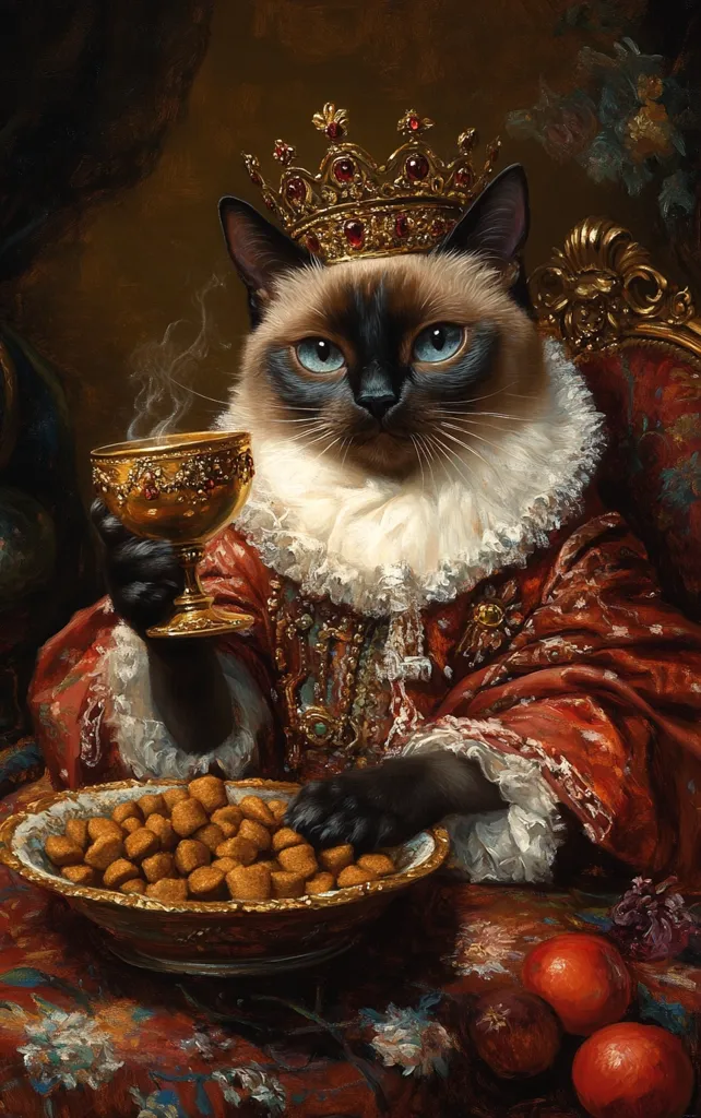 A regal Siamese cat, adorned in a crown and ornate red robe, sits majestically on a plush chair.  The cat holds a golden goblet and its paw rests near a bowl filled with cat treats.  The painting is done in a style reminiscent of old master portraits, with rich colors and detailed textures.  Oranges and other still life elements complete the luxurious scene.