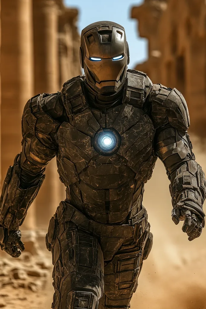 A dark, battle-worn Iron Man suit strides across a sandy landscape, ancient columns looming in the background.  The armor's surface shows signs of wear and impact damage, contrasting with the bright blue glow emanating from the arc reactor on its chest. The figure is captured mid-stride, conveying a sense of urgency and determination. The overall tone is gritty and powerful.