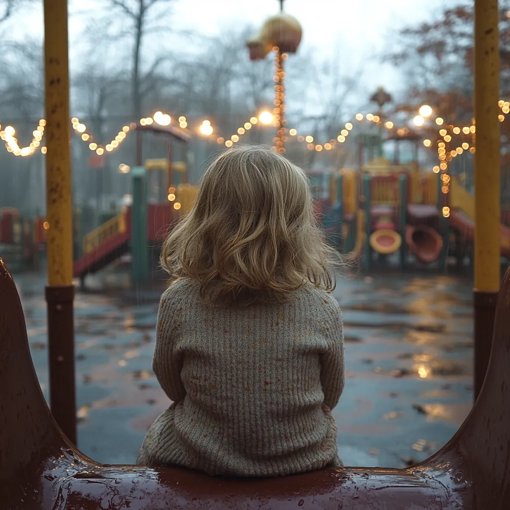 A young child with blonde, wavy hair sits on playground equipment, their back to the camera.  The playground is softly lit with string lights, and the ground is wet, suggesting rain.  The overall atmosphere is quiet and contemplative. The child's sweater is a muted beige. The scene evokes a feeling of solitude and peaceful reflection.