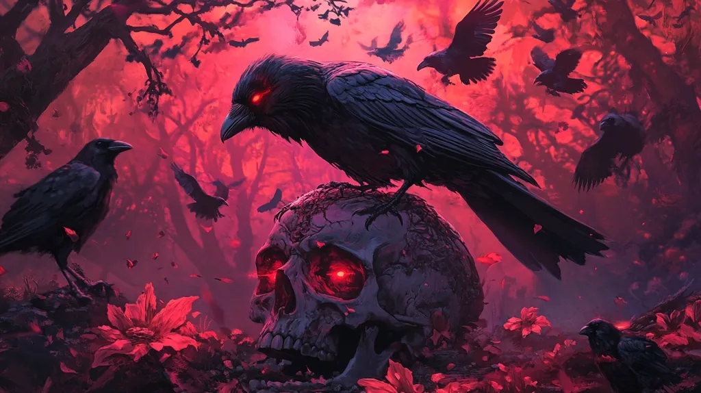 A large black crow with glowing red eyes perches atop a skull, also with glowing red eyes, in a dark, crimson forest.  Surrounding them are smaller crows in flight and at rest, adding to the ominous atmosphere.  Red flowers and fallen leaves litter the ground, enhancing the dark, gothic aesthetic. The scene is dramatic and evokes feelings of mystery and unease.