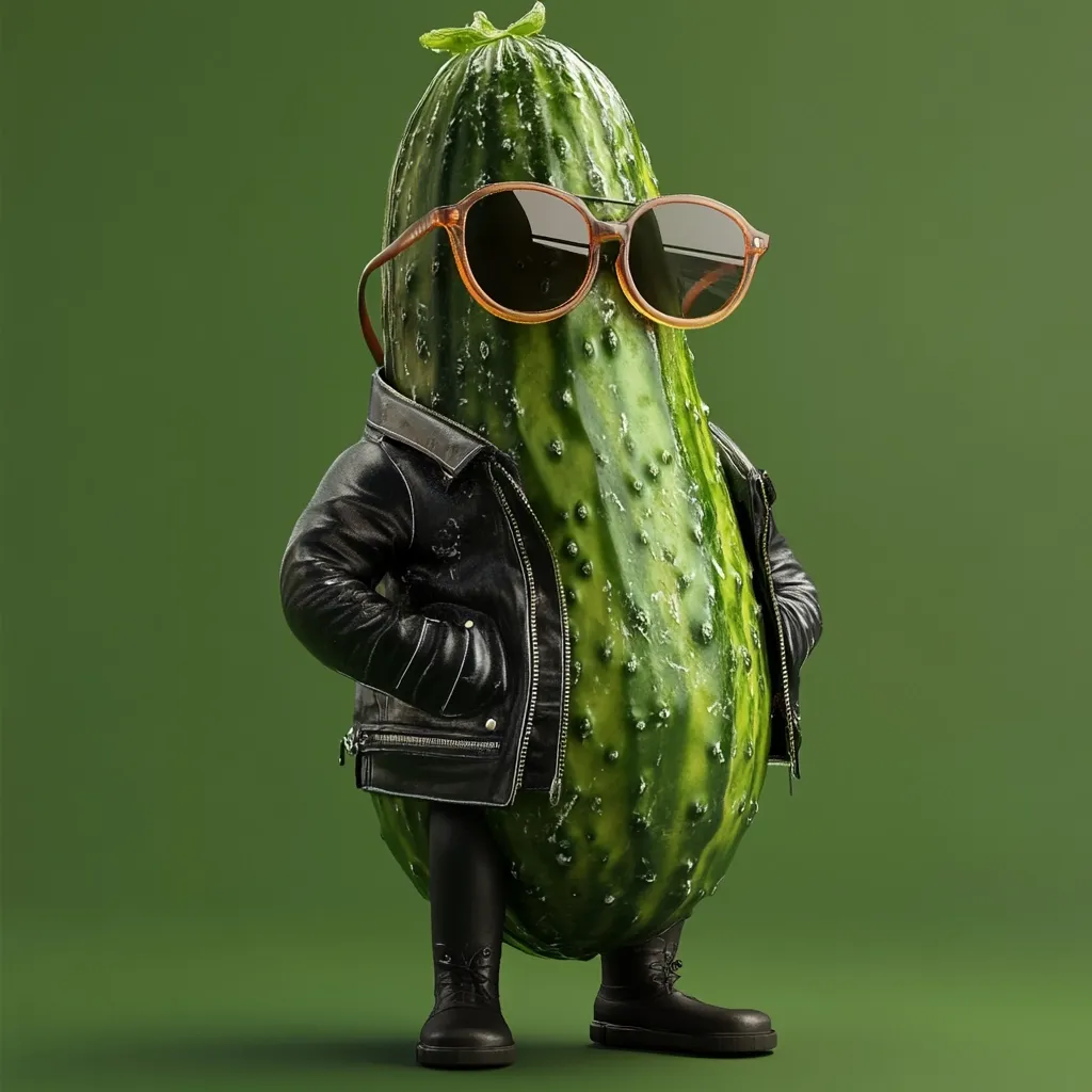 A 3D rendering of an anthropomorphic cucumber.  The cucumber is wearing a black leather jacket, brown sunglasses, and black boots.  It stands against a solid green background, hands in pockets, projecting a cool and slightly rebellious attitude. The image is stylized and humorous.