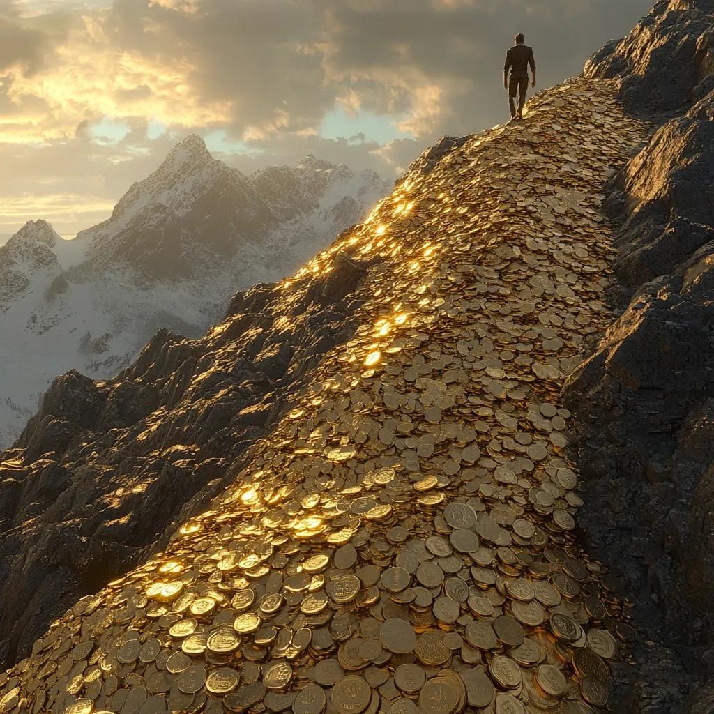 A lone figure walks away from the viewer, ascending a mountain path completely covered in a vast pile of glittering gold coins.  The path winds upwards towards a snow-capped mountain range under a dramatic, sunset sky. The scene evokes a sense of ambition, wealth, and the pursuit of a distant goal.