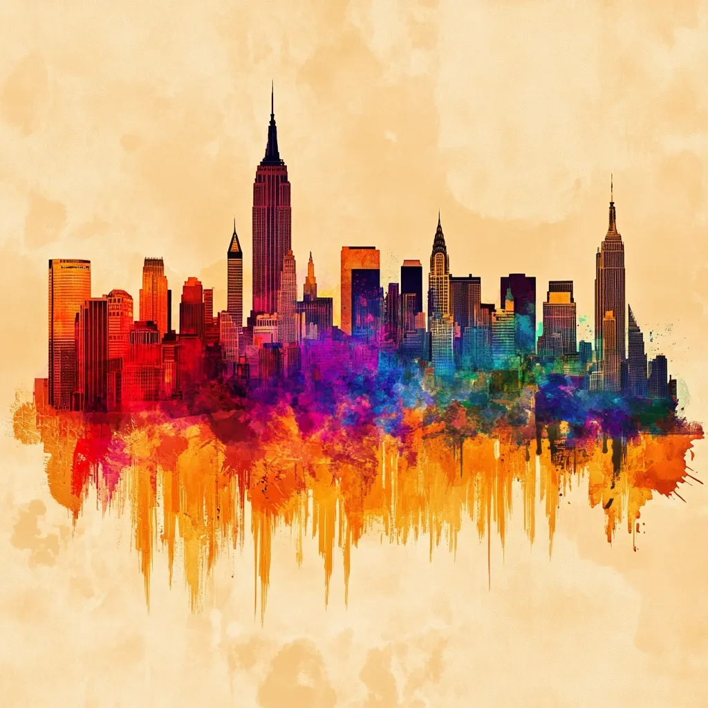A vibrant watercolor depiction of the New York City skyline.  The Empire State Building and Chrysler Building are prominent, surrounded by a colorful array of other skyscrapers.  The image uses a dynamic splash of color, creating a textured, painterly effect against a warm, beige background. The buildings are rendered in silhouette, with the watercolor wash emphasizing the energy and vibrancy of the city.