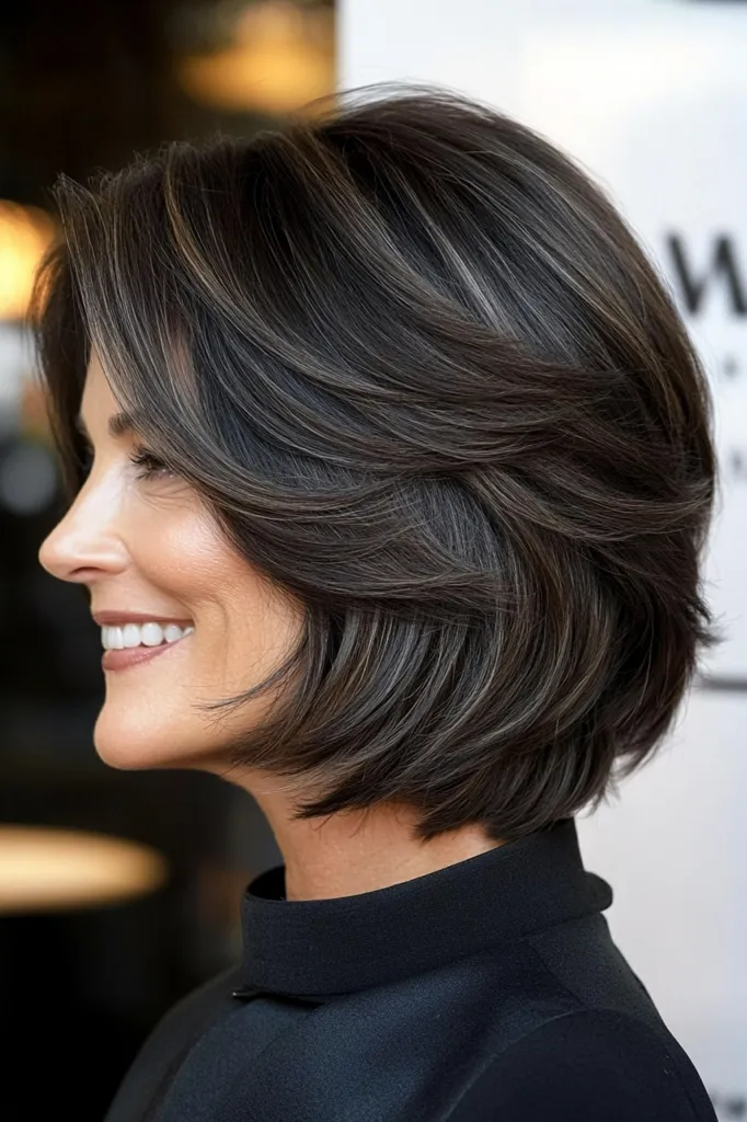A woman with a stylish, layered bob haircut.  Her dark brown hair is highlighted with subtle gray streaks, adding dimension and texture. The bob is cut to frame her face, with longer layers around the crown creating volume. She's smiling, showing off a bright, confident expression.  The overall look is chic and sophisticated.