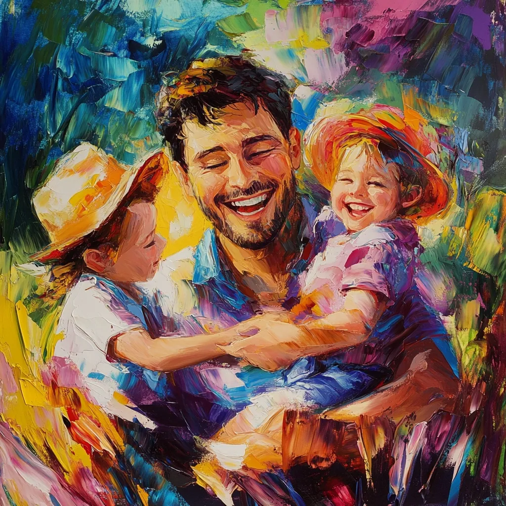 A vibrant, impasto oil painting depicts a joyful father embracing his two young children.  The father laughs broadly, his eyes closed in happiness.  His children, wearing straw hats, also beam, their faces alight with joy. The style is expressive and colorful, capturing a moment of pure familial affection in a bright, sun-drenched setting. The brushstrokes are visible and contribute to the overall energy of the piece.