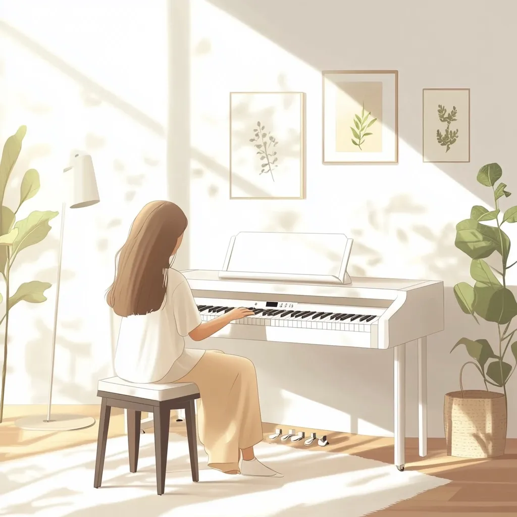 A young woman with long brown hair sits at a white digital piano in a sunlit room.  She wears a light beige shirt and pants.  Three framed botanical prints adorn the wall, and potted plants flank the piano.  A simple wooden stool supports her. The overall aesthetic is minimalist and serene, emphasizing calm and quiet contemplation.