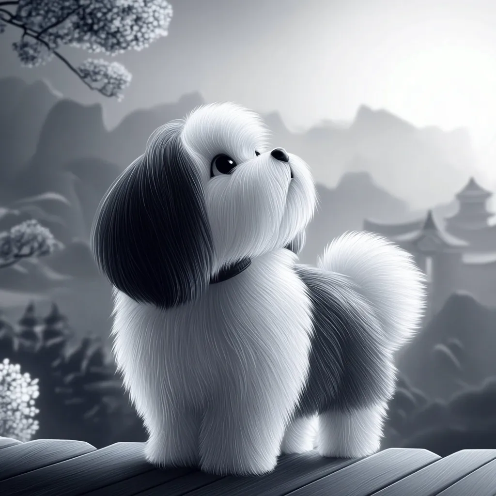 A fluffy Shih Tzu puppy stands on a wooden deck, gazing upward at a misty mountain landscape.  The scene is rendered in grayscale, highlighting the dog's soft fur and the serene, distant mountains with hints of Asian-style architecture.  The overall mood is peaceful and contemplative.  A blossoming tree branch is visible in the upper left corner.