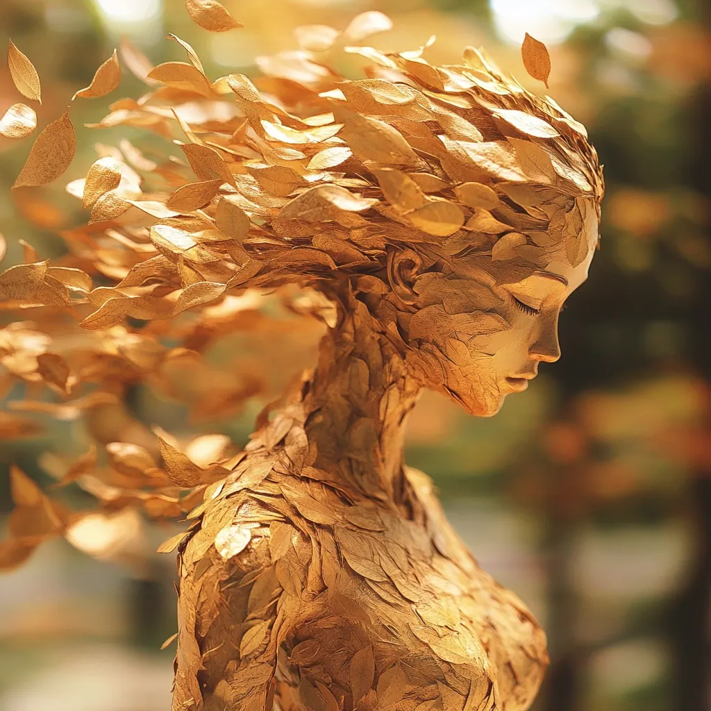 A digital artwork depicts a serene female figure crafted from golden leaves.  The leaves form her hair, flowing and dynamic, some seemingly detaching and swirling around her.  Her body is similarly adorned, creating a textured, organic form.  She is depicted in profile, eyes closed, conveying a sense of peace and connection to nature. The background is softly blurred, emphasizing the figure’s ethereal beauty.