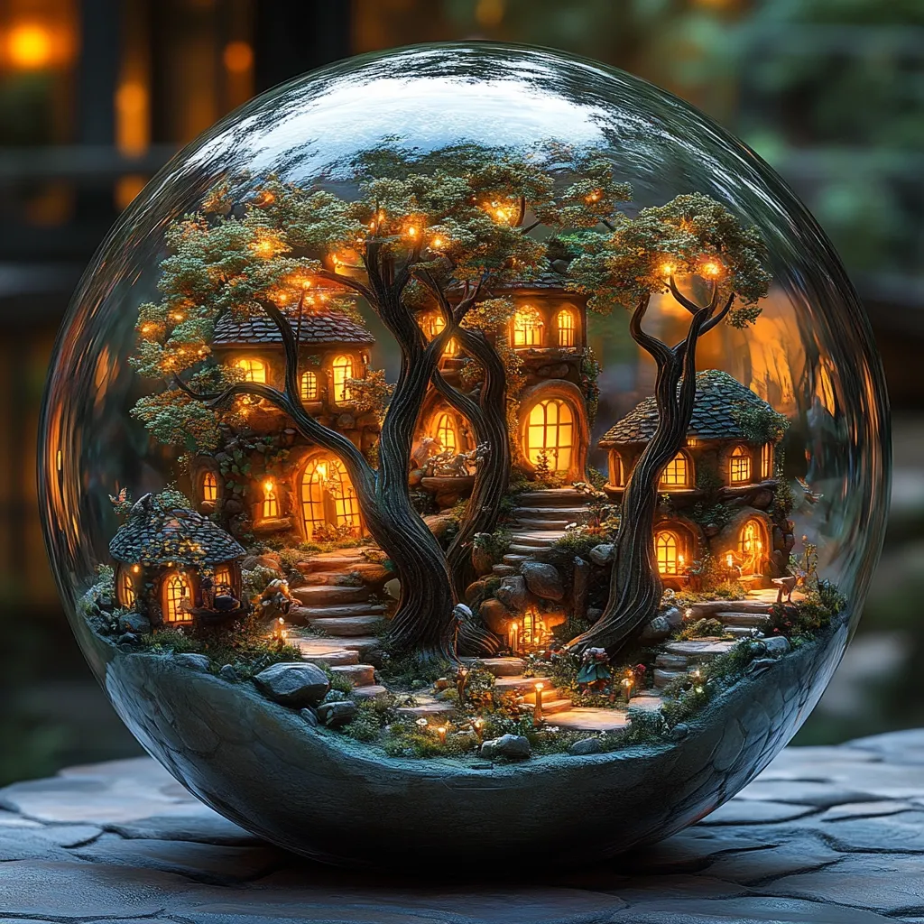 A miniature village nestled within a large glass sphere glows with warm light.  Stone houses with illuminated windows climb a winding stone path, nestled amongst intricately detailed trees.  Small figures and lanterns add to the enchanting scene, creating a magical, fairytale-like atmosphere within the enclosed world. The overall effect is one of wonder and tranquility.
