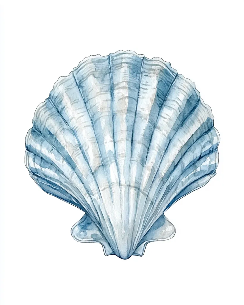 A watercolor painting depicts a single scallop shell in shades of blue and gray.  The shell is rendered with delicate detail, showing the ribbed texture and subtle color variations.  The background is pure white, allowing the shell to be the focal point. The style is reminiscent of a botanical illustration, emphasizing the shell's natural beauty.