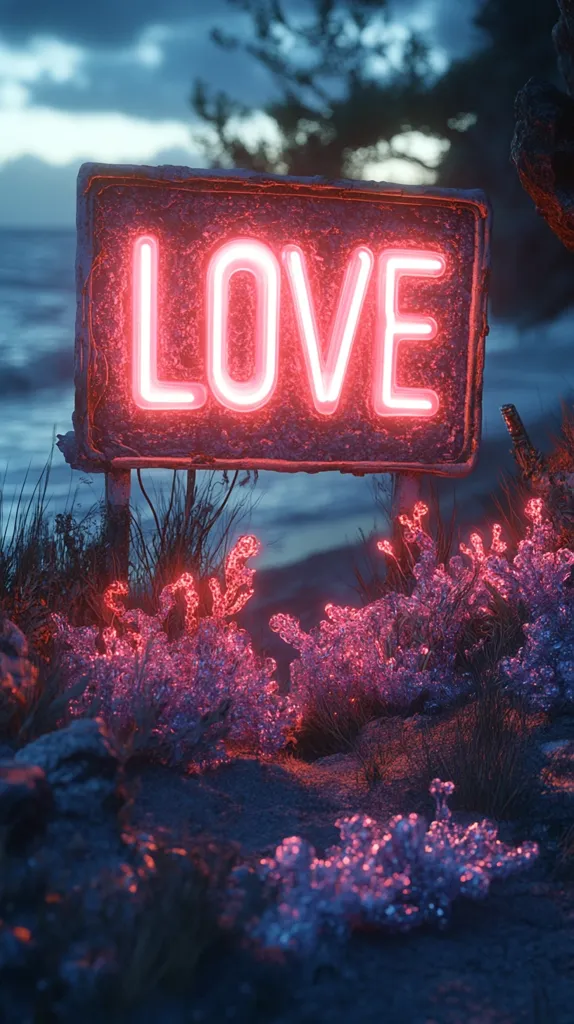 A weathered sign bearing a neon "LOVE" glows vibrantly against a dusky coastal backdrop.  Surrounding the sign, bioluminescent, coral-like plants illuminate the dark sand. The scene evokes a surreal, romantic atmosphere, blending natural elements with artificial light in a captivating contrast.  The overall tone is moody yet hopeful.