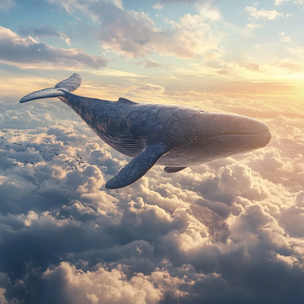 A majestic blue whale gracefully glides through a breathtaking expanse of clouds.  The warm hues of a setting sun paint the sky, creating a surreal and dreamlike atmosphere.  Below, small flocks of birds are visible, adding to the magical scene.  The whale's smooth, dark skin contrasts beautifully with the fluffy white clouds, creating a captivating image.