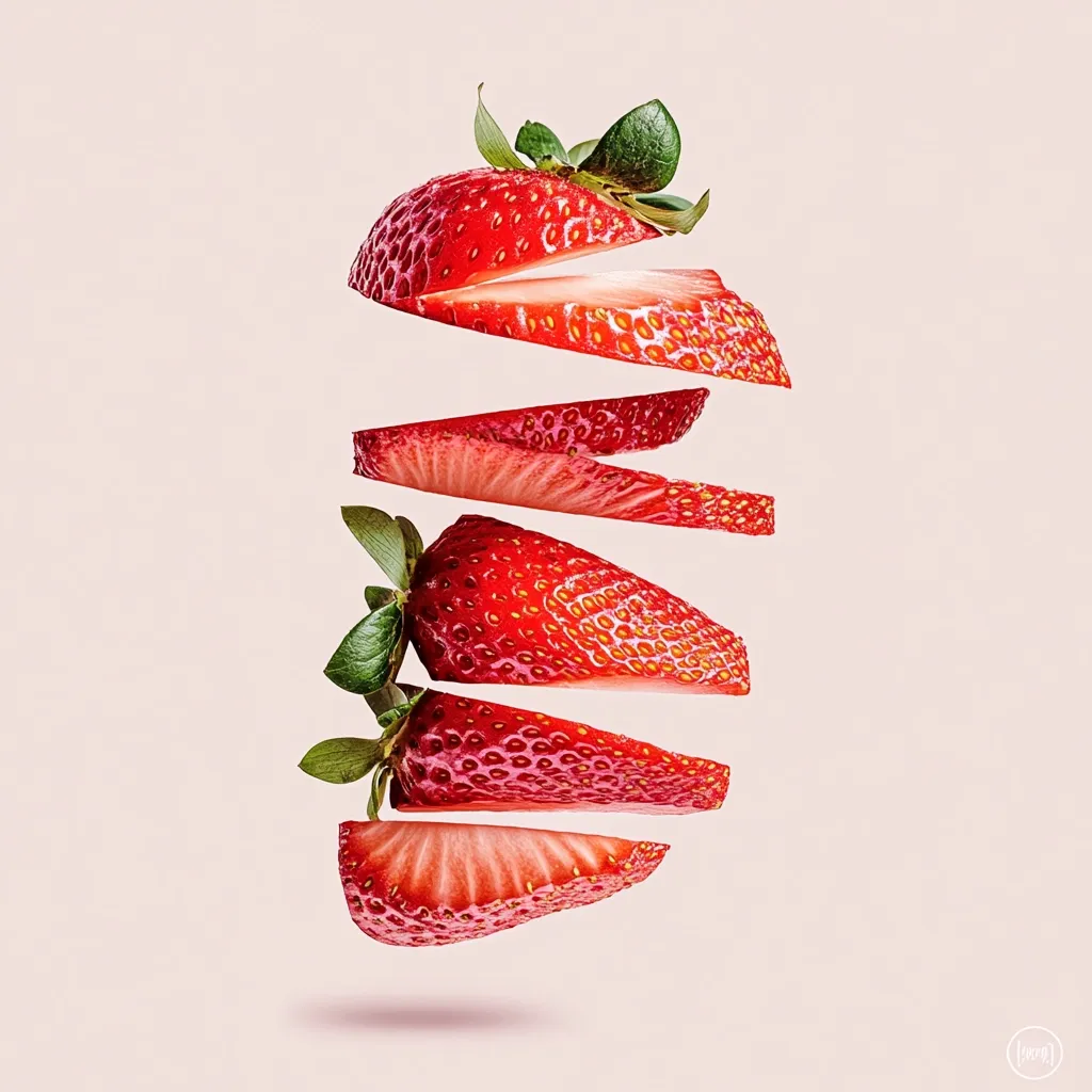 A ripe strawberry is sliced into several thin pieces, which appear to float in mid-air against a pale pink background.  The slices are arranged vertically, creating a visually appealing, almost cascading effect.  The vibrant red color of the strawberry contrasts beautifully with the soft backdrop, highlighting the juicy texture and freshness of the fruit. The image is clean, minimalist, and focuses on the beauty of the simple subject.