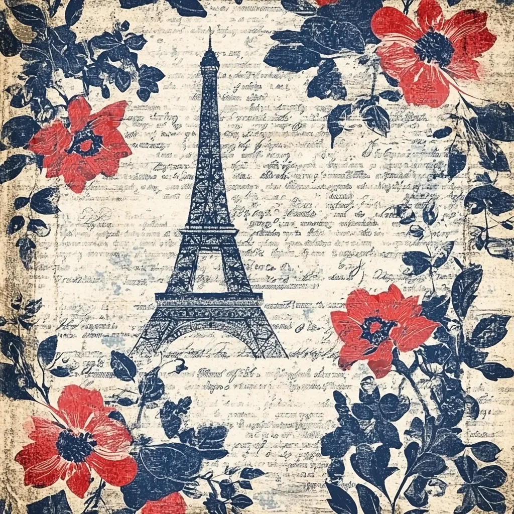 A vintage-style design features the Eiffel Tower superimposed on a background of handwritten text.  Red and navy blue flowers and leaves create a floral frame around the iconic Parisian landmark. The distressed, antique aesthetic evokes a romantic and nostalgic feel, reminiscent of Parisian stationery or scrapbook paper. The color palette is muted yet striking.