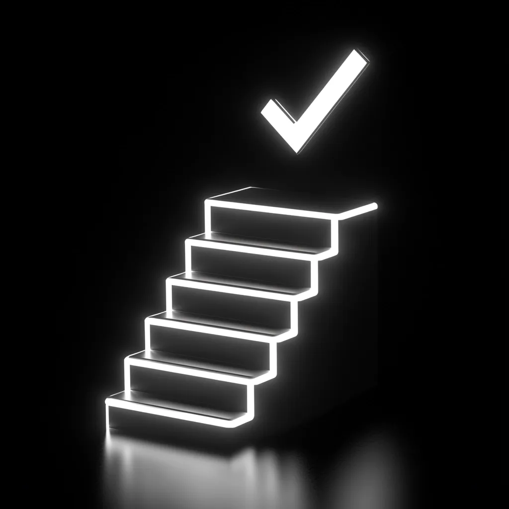 A dark background features a sleek, black staircase illuminated by bright white neon outlines on each step.  A glowing white checkmark hovers above the top step, symbolizing completion or achievement. The image suggests progress, success, and the attainment of a goal.  The contrast between the dark and light creates a visually striking representation of reaching the summit.