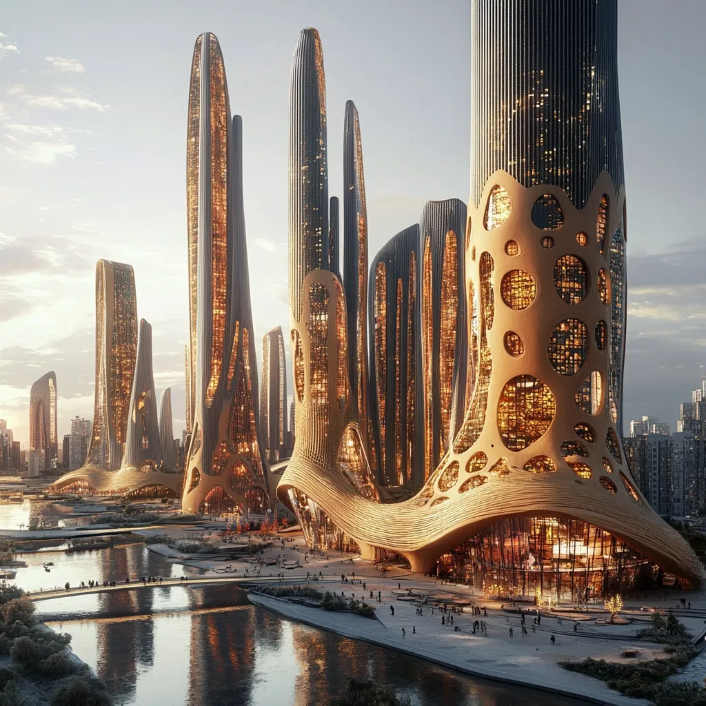 A futuristic cityscape at sunset features a cluster of uniquely designed skyscrapers.  Tall, slender towers with organic, flowing forms are illuminated from within, creating a warm glow against the twilight sky.  The buildings' architecture is a blend of sleek lines and porous, almost cave-like structures.  A calm waterway reflects the city's lights, with pedestrians strolling along the waterfront promenade. The scene evokes a sense of both grandeur and tranquility.