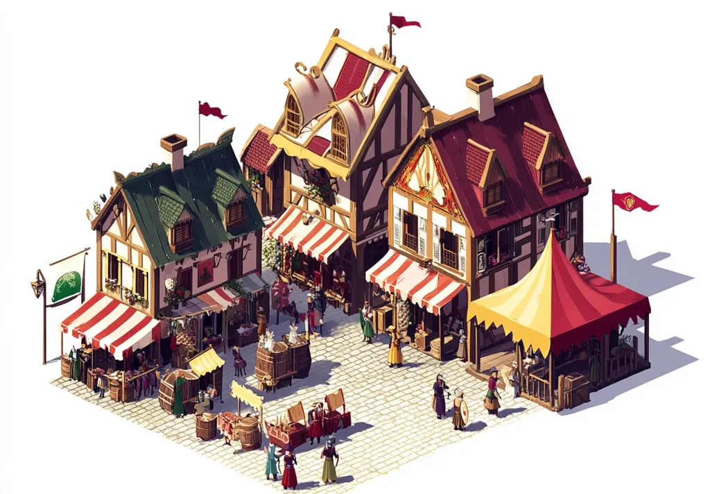 A charming isometric illustration depicts a bustling medieval marketplace.  Several timber-framed shops with striped awnings line the cobblestone square.  Vendors and shoppers in period clothing fill the scene, with carts laden with goods.  Flags flutter atop the buildings, adding to the vibrant, lively atmosphere of the medieval fair. A large tent provides additional market space. The overall style is detailed and whimsical.