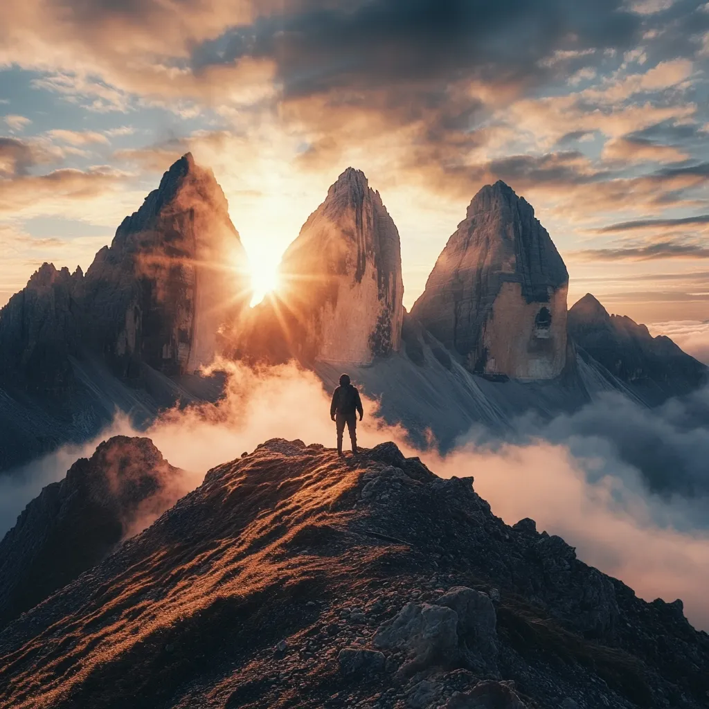 A lone hiker stands silhouetted on a mountain peak at sunrise.  Three majestic, rocky peaks rise in the background, partially shrouded in mist. The sun bursts through the gap between the central two peaks, casting a warm, golden light across the landscape.  The scene is dramatic and evokes a sense of awe and solitude.