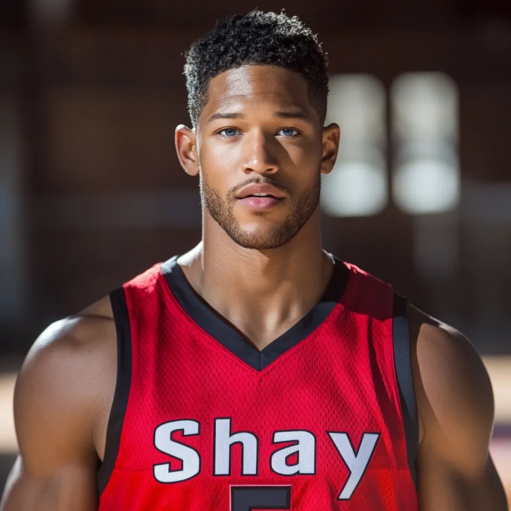 A young, muscular Black man with short, curly hair and striking blue eyes stares intensely at the camera. He's wearing a red basketball jersey with "Shay" printed in large, white letters across the chest. The setting appears to be a basketball court, subtly blurred in the background.  His expression is serious and confident.
