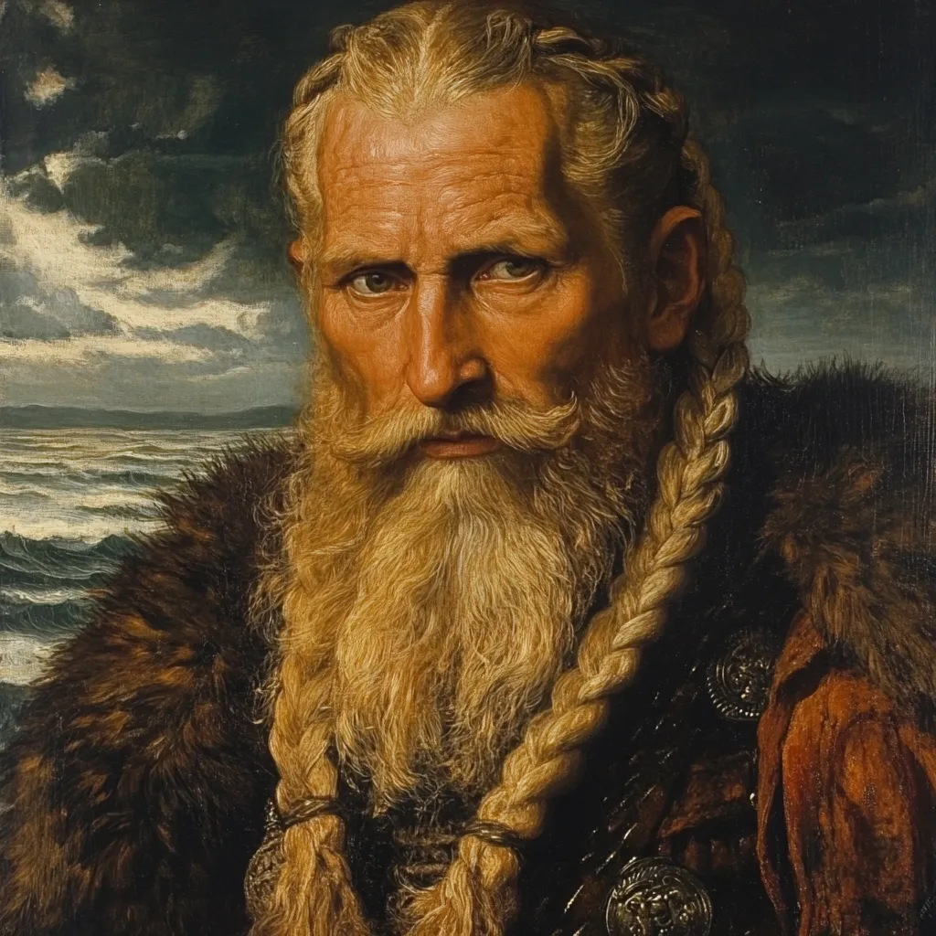 A portrait painting depicts an older man with long, braided blonde hair and a full, flowing beard.  He wears a dark fur-trimmed garment and appears serious.  A stormy sea is visible in the background, suggesting a rugged and perhaps Nordic setting. The style is reminiscent of classical portraiture, emphasizing texture and detail in the subject's features.