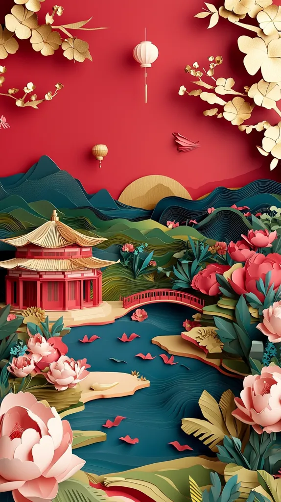 A vibrant paper art landscape depicts a serene scene.  A red pagoda sits beside a tranquil teal river, arched by a red bridge.  Lush paper flowers in pink and red bloom around the water's edge, complemented by golden paper branches and floating lanterns against a rich red backdrop.  The layered, textured mountains create depth and visual interest in this meticulously crafted artwork.