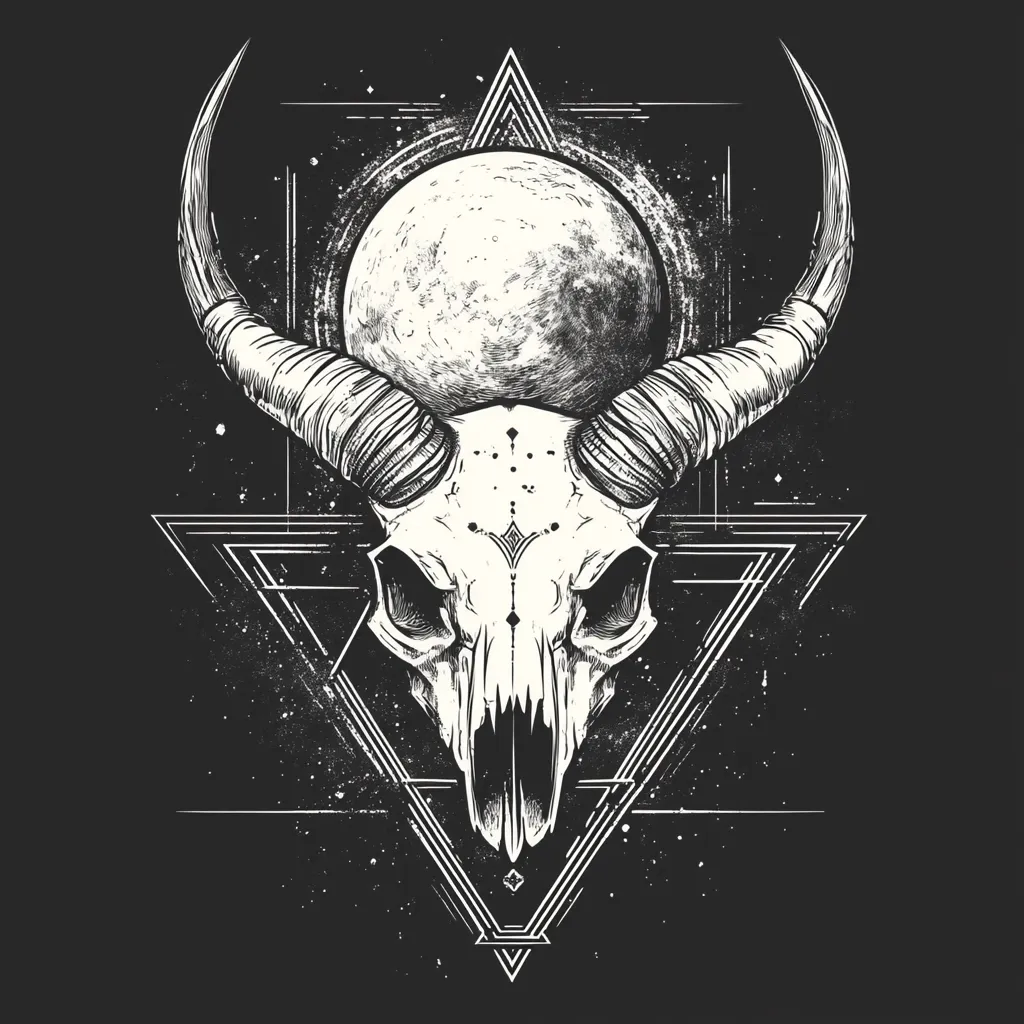 A detailed black and white illustration depicts a bull skull with large horns centered against a dark background.  The skull is adorned with small, symbolic markings.  A full moon sits behind it, encircled by geometric shapes reminiscent of sacred geometry, creating a mystical and slightly macabre aesthetic. The style is reminiscent of tattoo art or occult imagery.  The overall effect is dark, dramatic, and symbolic.