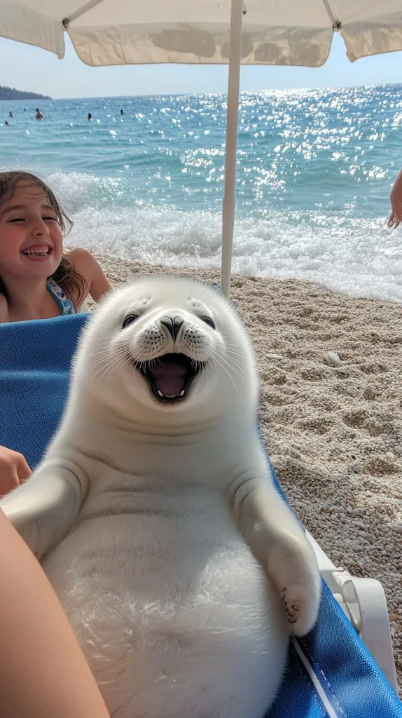 A happy seal pup sits on a beach chair under a beach umbrella, beaming at the camera.  A young girl smiles in the background.  The ocean is visible, with gentle waves lapping the shore.  The scene is bright and sunny, depicting a joyful beach day with an unexpected and adorable visitor.