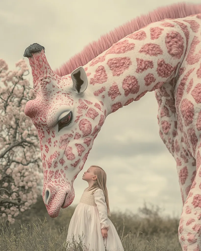 A young girl in a white dress stands face-to-face with a large, uniquely patterned pink and white giraffe. The giraffe's head is lowered, almost touching the girl's face, creating a gentle, whimsical scene.  The background features a blurred landscape of muted colors and a blossoming tree, enhancing the dreamlike quality of the image. The overall tone is serene and peaceful.