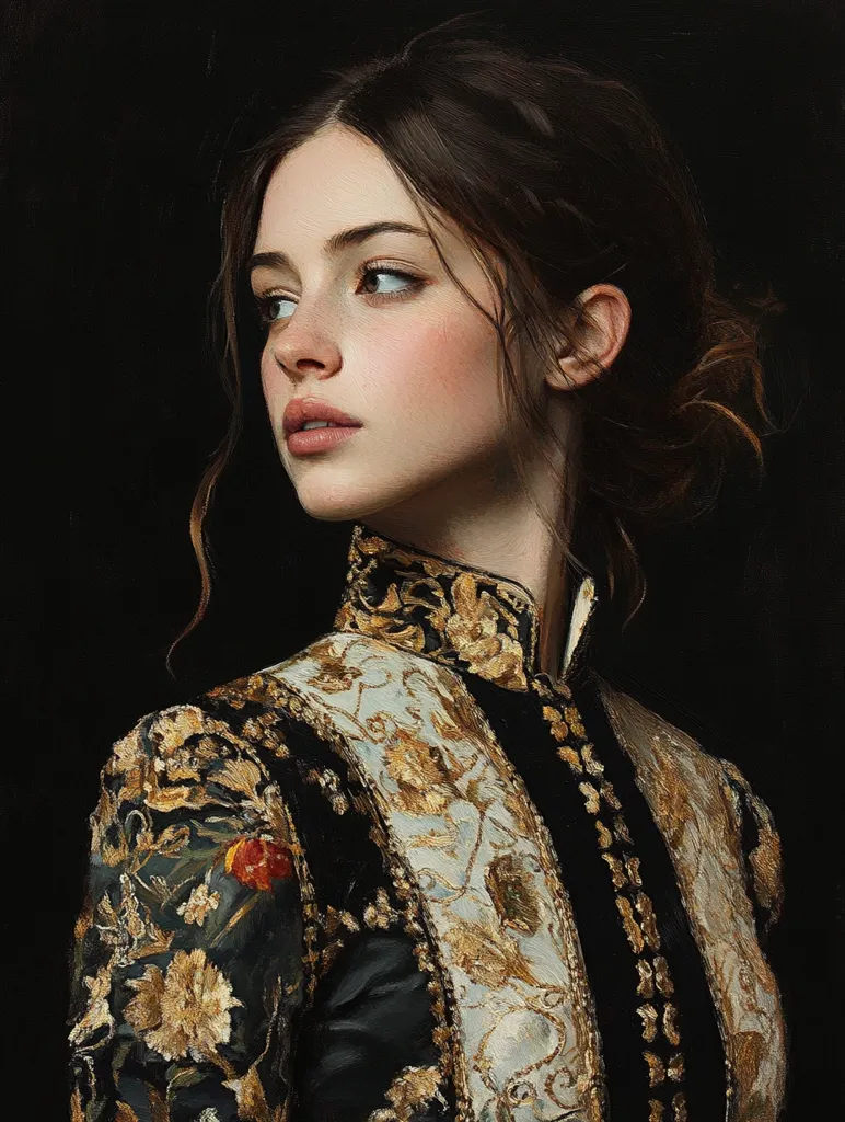 A painting of a young woman in profile, her gaze directed to the left. She possesses delicate features, light skin, and dark brown hair styled in an updo. Her attire is a dark, ornate jacket with gold embroidery, creating a striking contrast against the dark background. The style evokes a classical or renaissance portrait.  The artist's attention to detail is evident in the rendering of the fabric and the woman’s subtle expression.