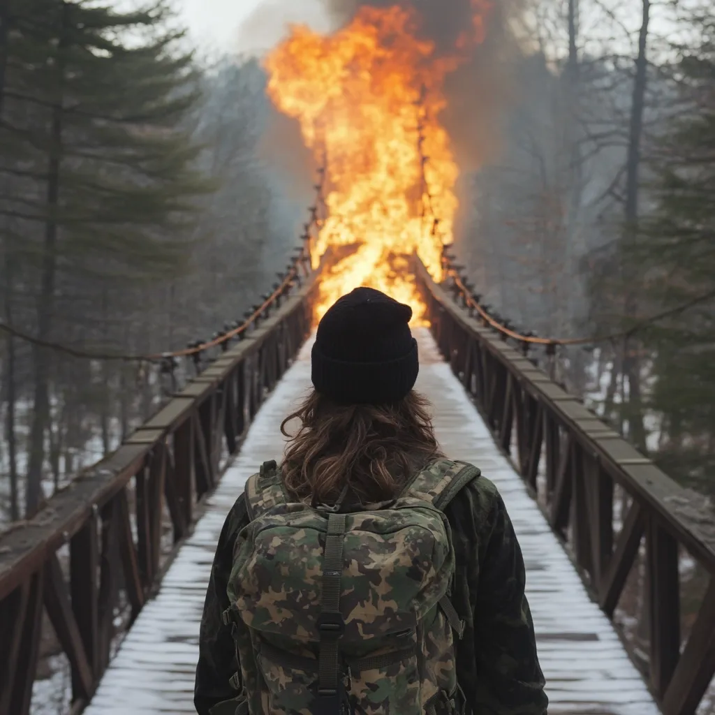 A person with long brown hair, wearing a black beanie and a camouflage backpack, stands on a snow-covered suspension bridge.  A large fire engulfs the bridge ahead, creating a dramatic and ominous scene in a wintry forest. The individual's back is to the camera, suggesting a journey towards the flames or a moment of contemplation. The image evokes a sense of danger and uncertainty.