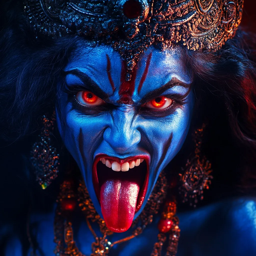 A close-up shot depicts a person in elaborate makeup and costume portraying Kali, the Hindu goddess.  Their face is painted blue, with fierce red eyes and an open mouth revealing a red tongue.  Intricate dark jewelry and a crown adorn their head. The overall effect is intense and dramatic, emphasizing Kali's powerful and terrifying aspects.