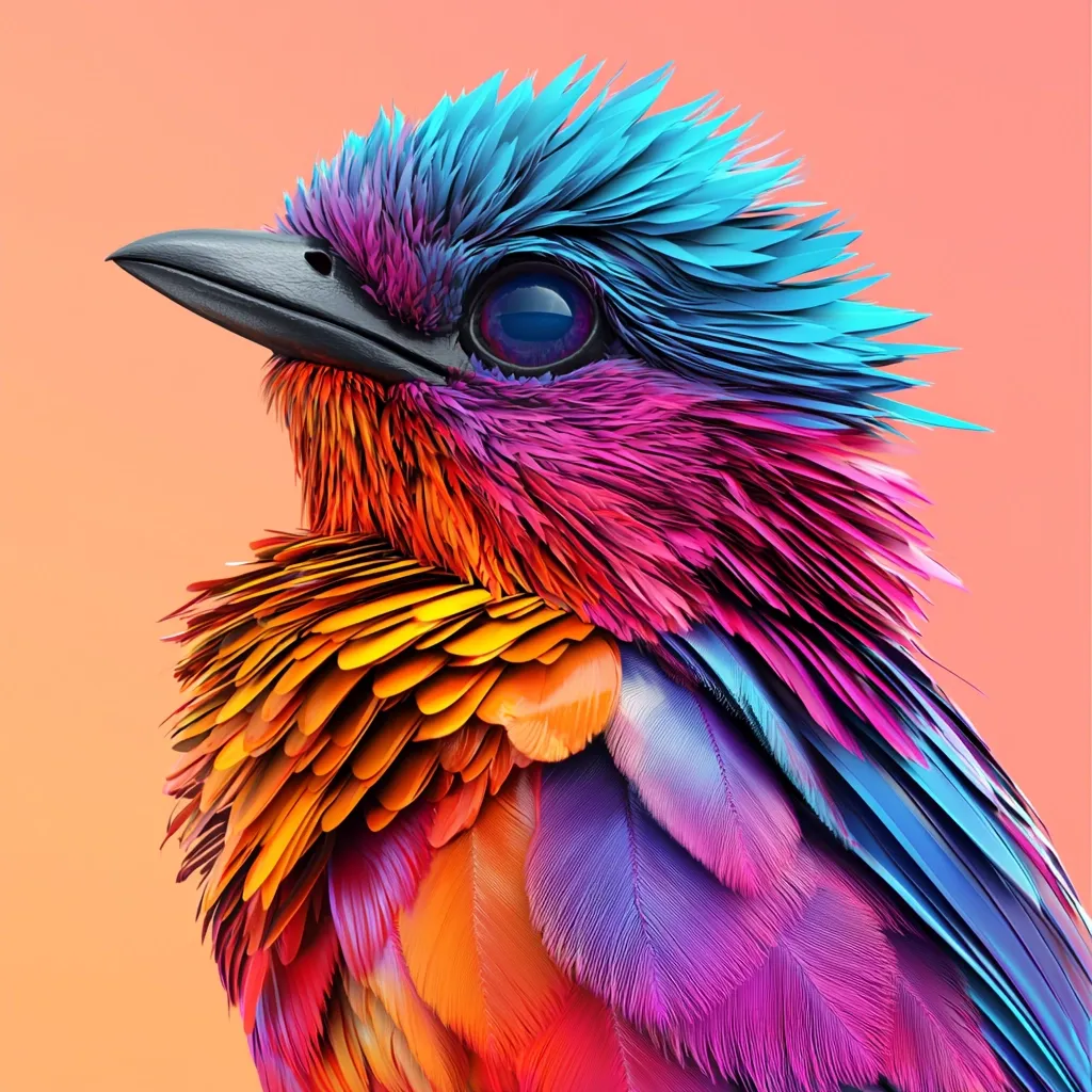 A vibrant, digitally rendered bird is depicted in close-up.  Its plumage is a striking array of blues, purples, oranges, and pinks, each feather meticulously detailed.  The bird's eye is a deep blue, contrasting with its dark beak. The overall effect is one of surreal beauty and intense color saturation, set against a soft peach background.