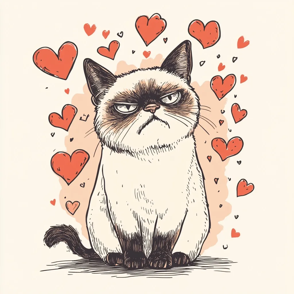 A grumpy-looking cat, possibly a grumpy cat breed, sits in the center of the image.  Surrounding the cat are numerous red hearts of varying sizes, suggesting a Valentine's Day or love theme. The cat's expression is one of disdain, creating a humorous contrast to the romantic imagery. The drawing style is hand-drawn and sketchy, with visible lines and shading.