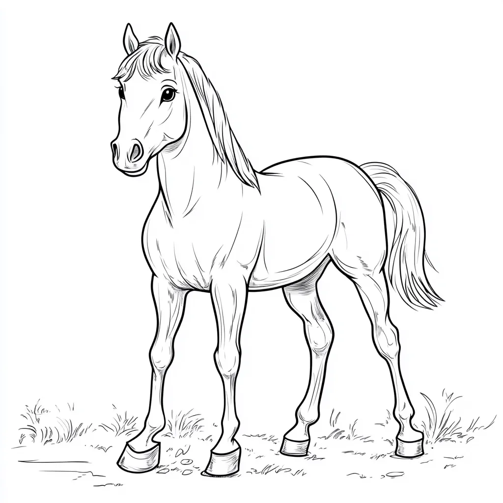 A line drawing of a horse standing in a grassy field.  The horse is depicted in profile, facing left, with its head slightly turned towards the viewer.  Its mane and tail are long and flowing. The horse's legs are slender, and it appears calm and peaceful. The style is simple and elegant, suitable for coloring.  The background is minimally detailed, focusing attention on the horse.