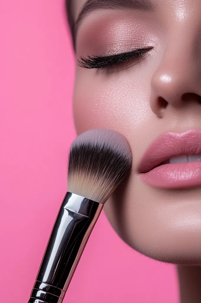 Close-up of a woman's face with a makeup brush applying blush to her cheek.  Her eyes are closed, showcasing expertly applied eyeshadow and mascara.  The soft pink lipstick and blush complement her radiant complexion. The image is set against a vibrant pink background, emphasizing the beauty and application of makeup.