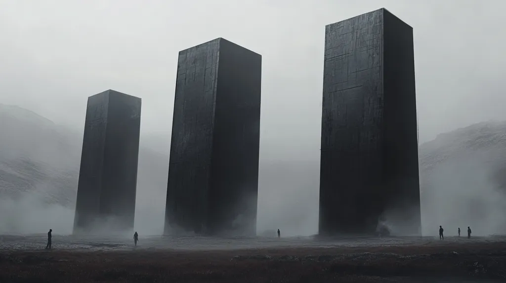 Three colossal, dark monoliths stand amidst a desolate, fog-shrouded landscape.  Small figures, dwarfed by the imposing structures, are scattered across the barren ground. The scene evokes a sense of mystery and isolation, suggesting an alien or otherworldly setting.  A grey, overcast sky completes the somber atmosphere.