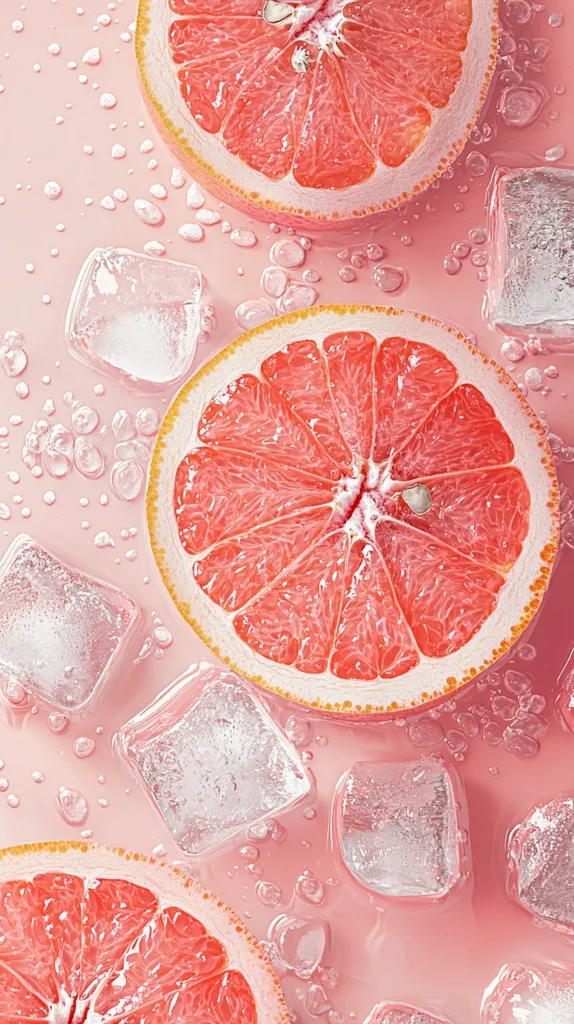 Pink grapefruit slices are artfully arranged on a pink background, interspersed with ice cubes.  The vibrant color of the grapefruit contrasts beautifully with the translucent ice and the pale pink backdrop.  Water droplets accentuate the juicy freshness of the fruit, creating a visually appealing and refreshing image. The overall aesthetic is clean, bright, and summery.