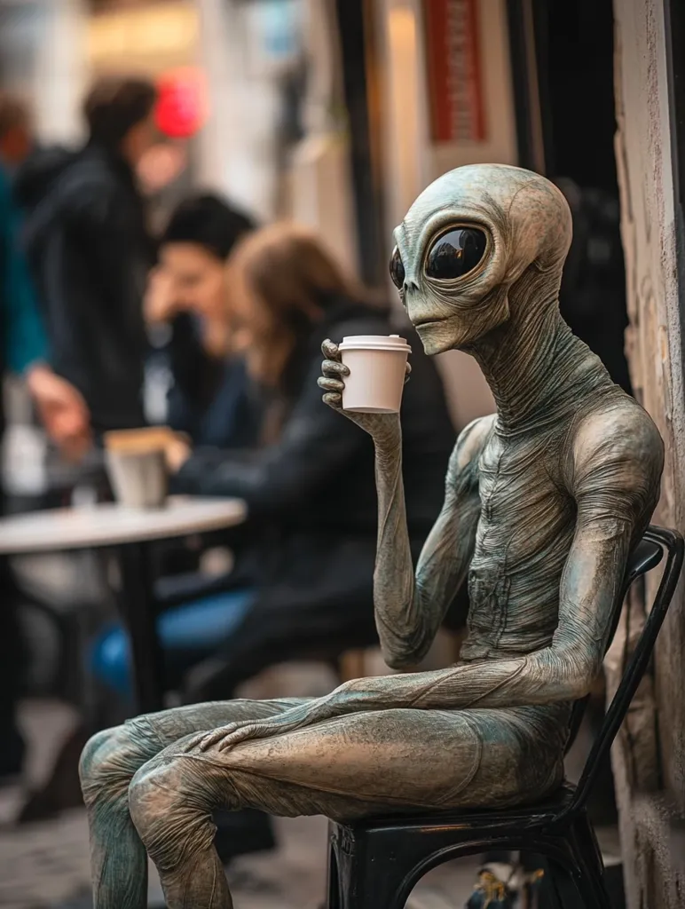 A detailed statue of an alien sits on a black metal chair outdoors, holding a disposable coffee cup.  The alien's skin is textured, appearing aged and weathered. The background is blurred, showing a city street with people seated at tables in a cafe, suggesting a scene of everyday life with an extraordinary element.  The statue's pose is relaxed, conveying a sense of casual observation.