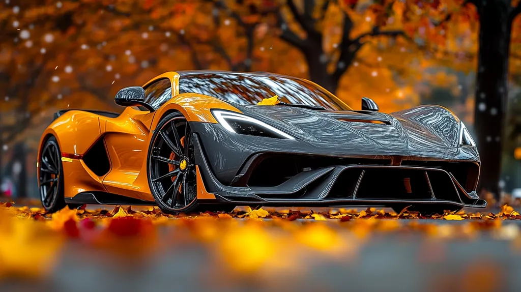 A vibrant orange and dark gray hypercar sits amidst a carpet of autumn leaves.  Light snow dusts the air, creating a picturesque contrast between the sleek lines of the exotic vehicle and the warm, fall foliage. The car's powerful design is highlighted, emphasizing its luxurious and high-performance features.  The scene evokes a sense of autumnal beauty and automotive elegance.