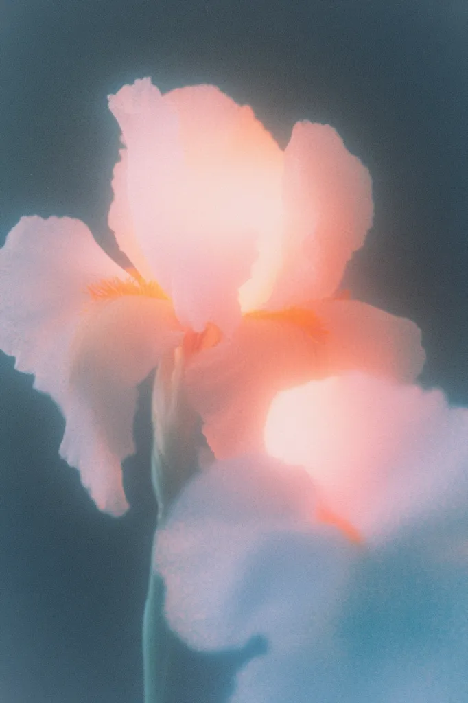 A dreamy, soft-focus close-up of a pale pink iris.  The petals are luminous, almost translucent, bathed in a warm, ethereal light against a dark teal background. The image evokes a feeling of serenity and gentle beauty, with a slightly surreal, dreamlike quality.  The flower's delicate structure is softened by the blurred focus, emphasizing its ethereal presence.