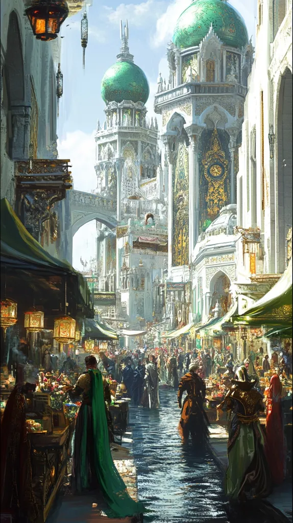 A bustling marketplace unfolds beneath towering, ornate buildings.  Green-domed structures dominate the cityscape, their intricate white facades reflecting sunlight.  Merchants tend to stalls overflowing with goods, while people in richly colored clothing weave through the water-filled street.  The scene evokes a fantasy world with a blend of architectural styles.  Lanterns hang from buildings, casting a warm glow on the lively scene.